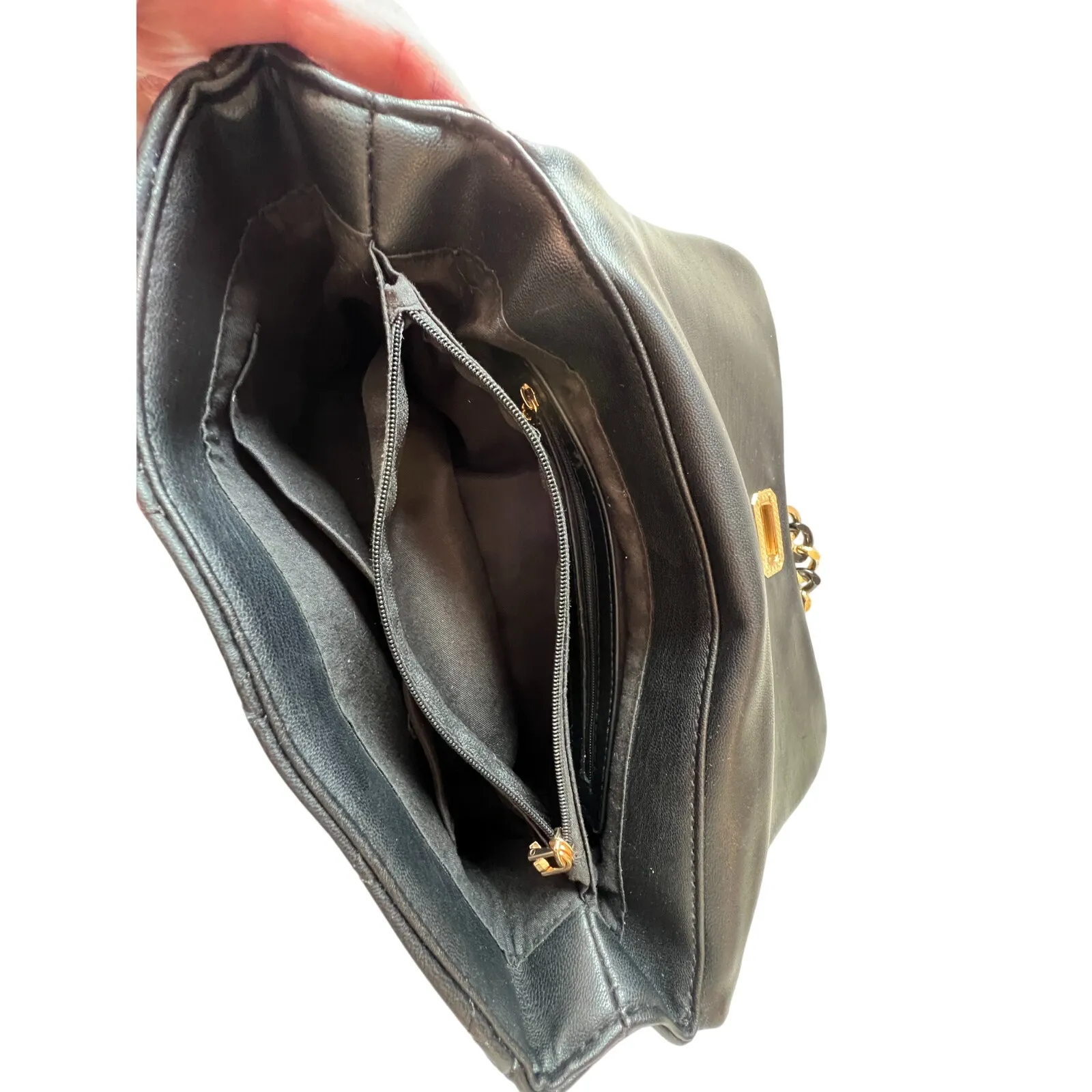 Vintage BADGLEY MISCHKA Purse Shoulder Bag Black Quilted Gold Chain Pockets - Image 8