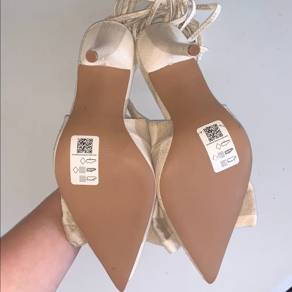 NWOT ASOS Ankle Wrap Cream Tan Gingham Check Bow Heels Pointed Toe Stiletto 8-9 - Image 9