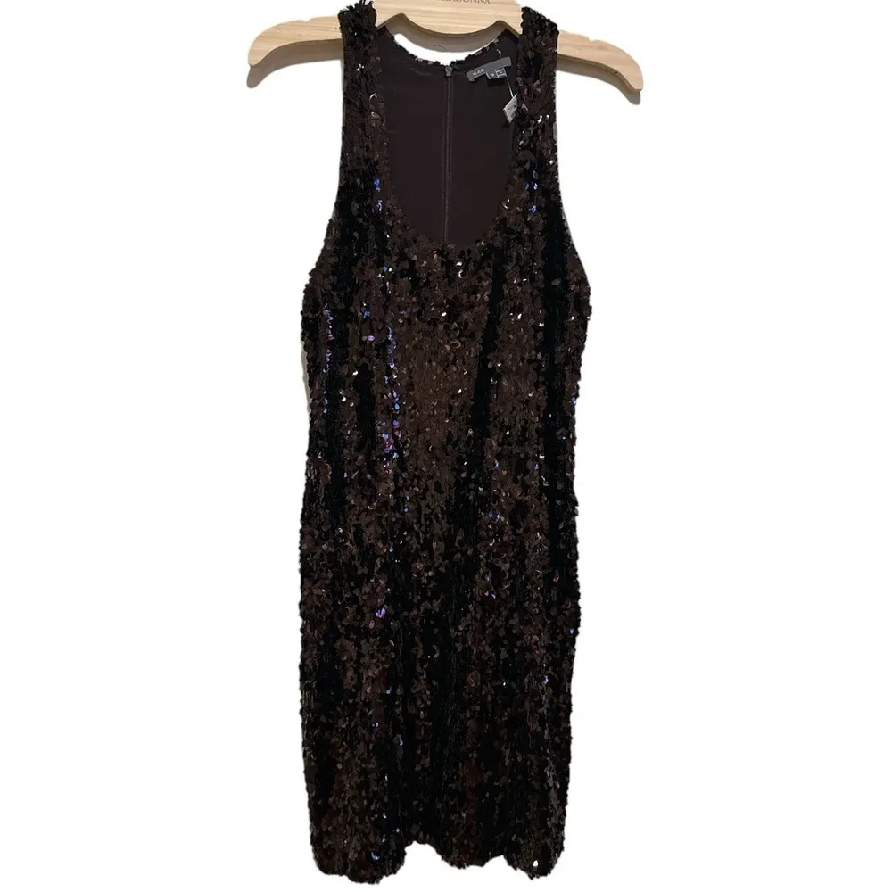 VINCE SEQUINED BURGUNDY BROWN SLEEVELESS ROUND NECK COCKTAIL DRESS 12 - Image 3