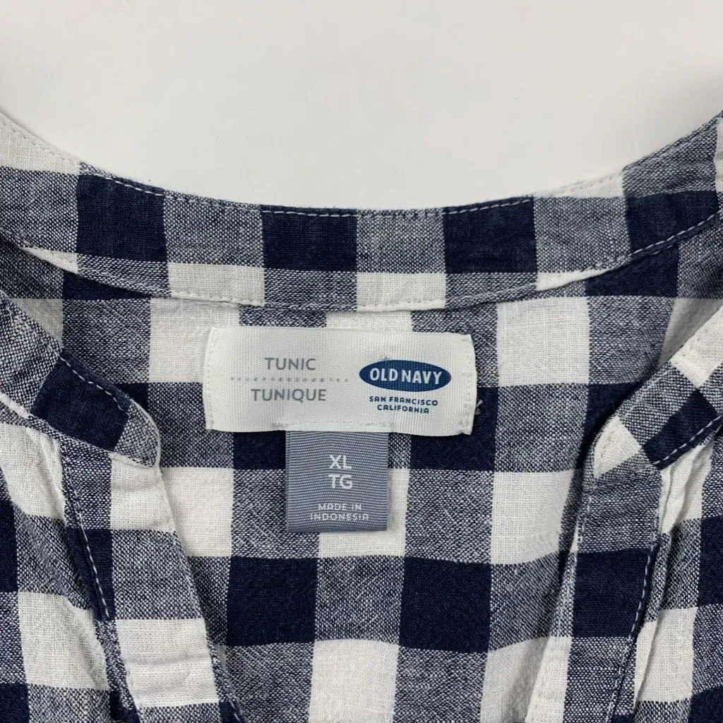 Old Navy Blue Gingham Checkered Linen Blend Henley Tunic Shirt XL - Image 3