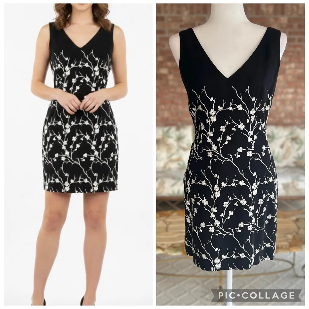 Nicole Miller Dress Black Floral Embroidered Mini V-Neck Sleeveless 6 Party LBD - Image 2