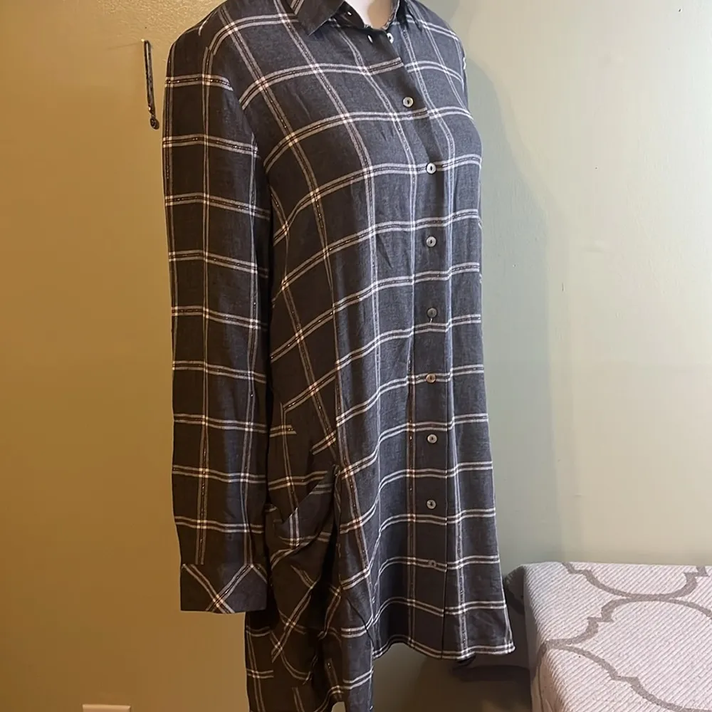 Zara plaid gray metallic threading button front mini shirt dress - Image 14