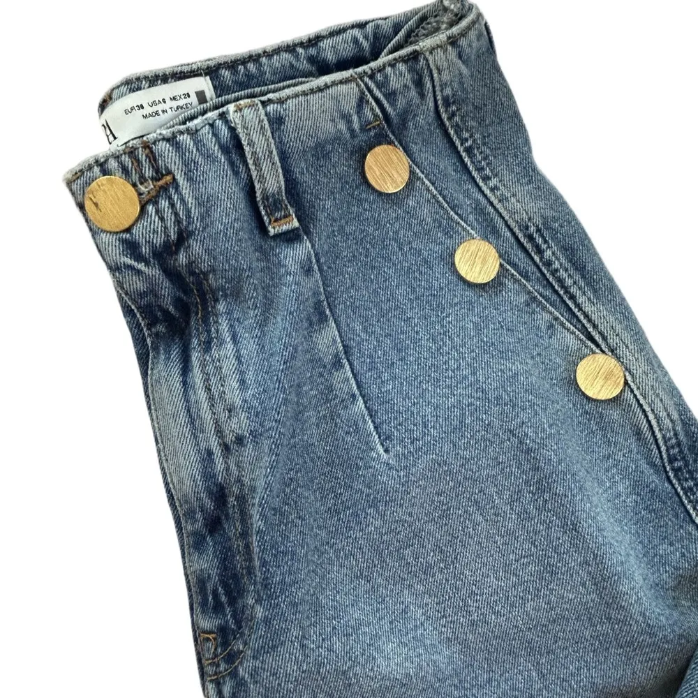 Zara cropped high waisted wide-leg sailor jeans with gold buttons size 6 - Image 7