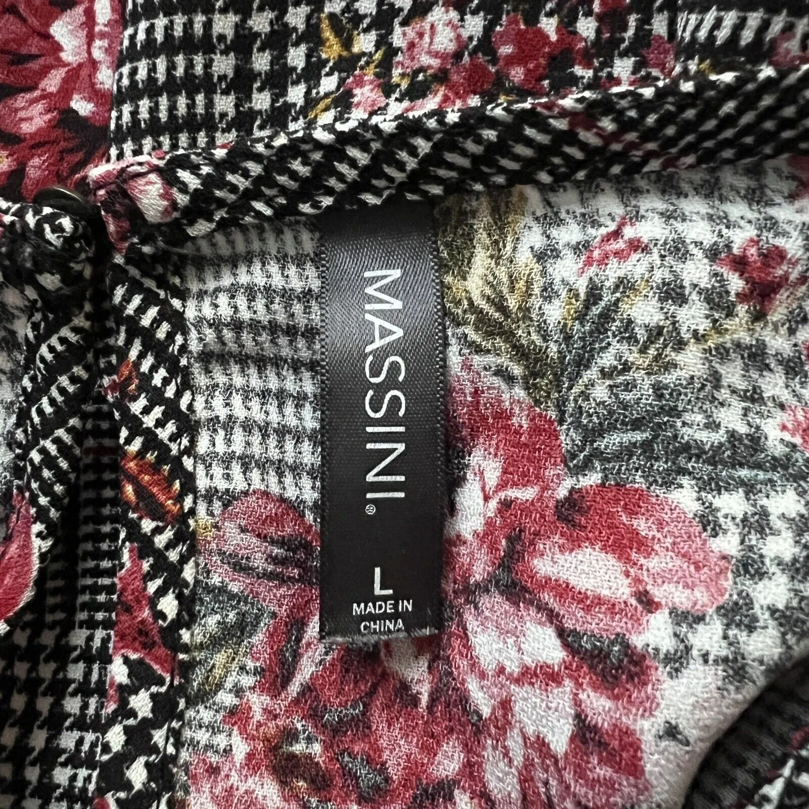 Massini Blouse Black White Houndstooth Pink‎ Floral Top 3/4 Sleeve Tie Cuffs - Image 6