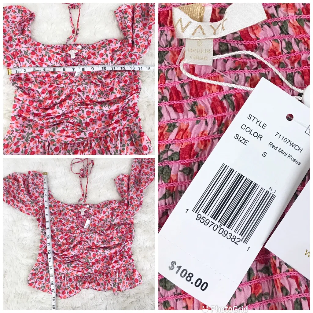 WAYF Pink‎ Rose Floral Sweetheart Ruched Peplum Top Cottagecore Coquette Small - Image 9