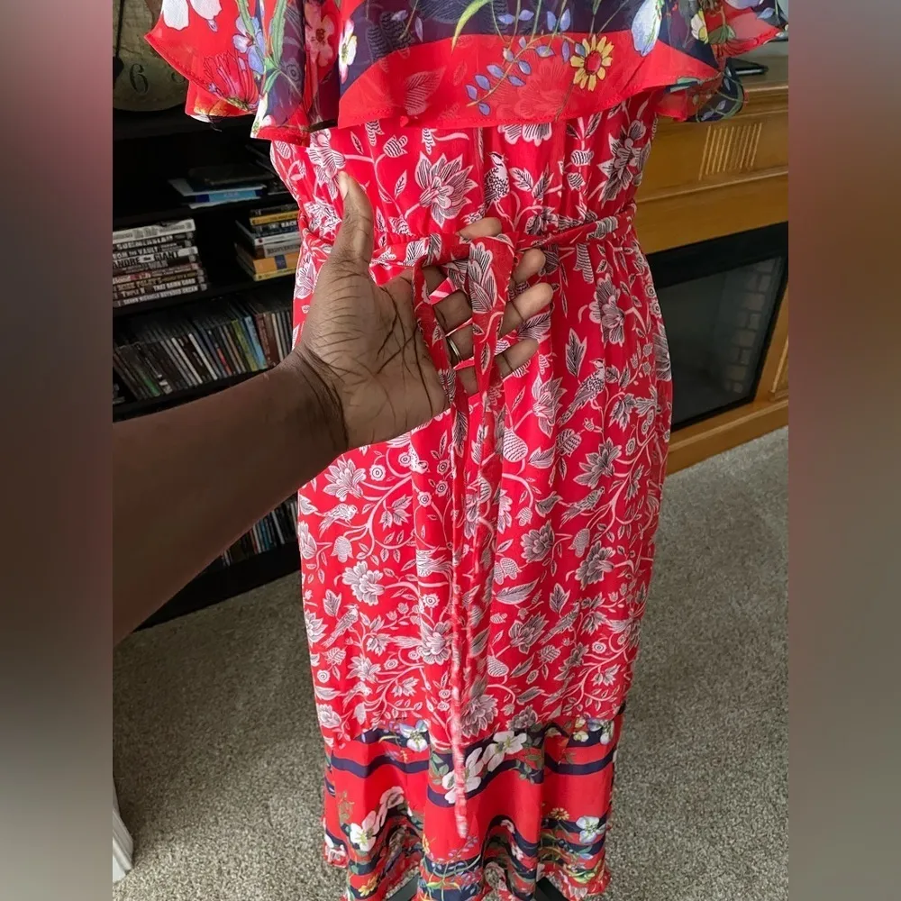 Anthropologi Boho Chic Floral Print Maxi Dress Red Black Spaghetti Strap XS - Image 9