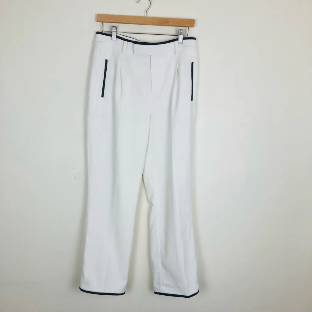 Equipment white wide leg cropped trousers w/ black trim at waist, hem pockets. 6 - Image 2