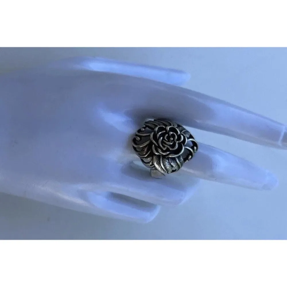 Vintaghe 925 Sterling Silver Carved Rose Flower Ring size 10 Signed Stamped - Image 7
