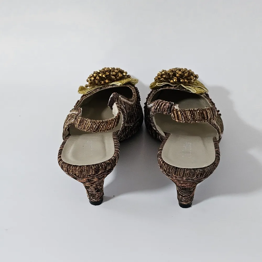John Fashion Brown Textured Beaded Bow Detail Slingback Heels Size 10 - Image 4