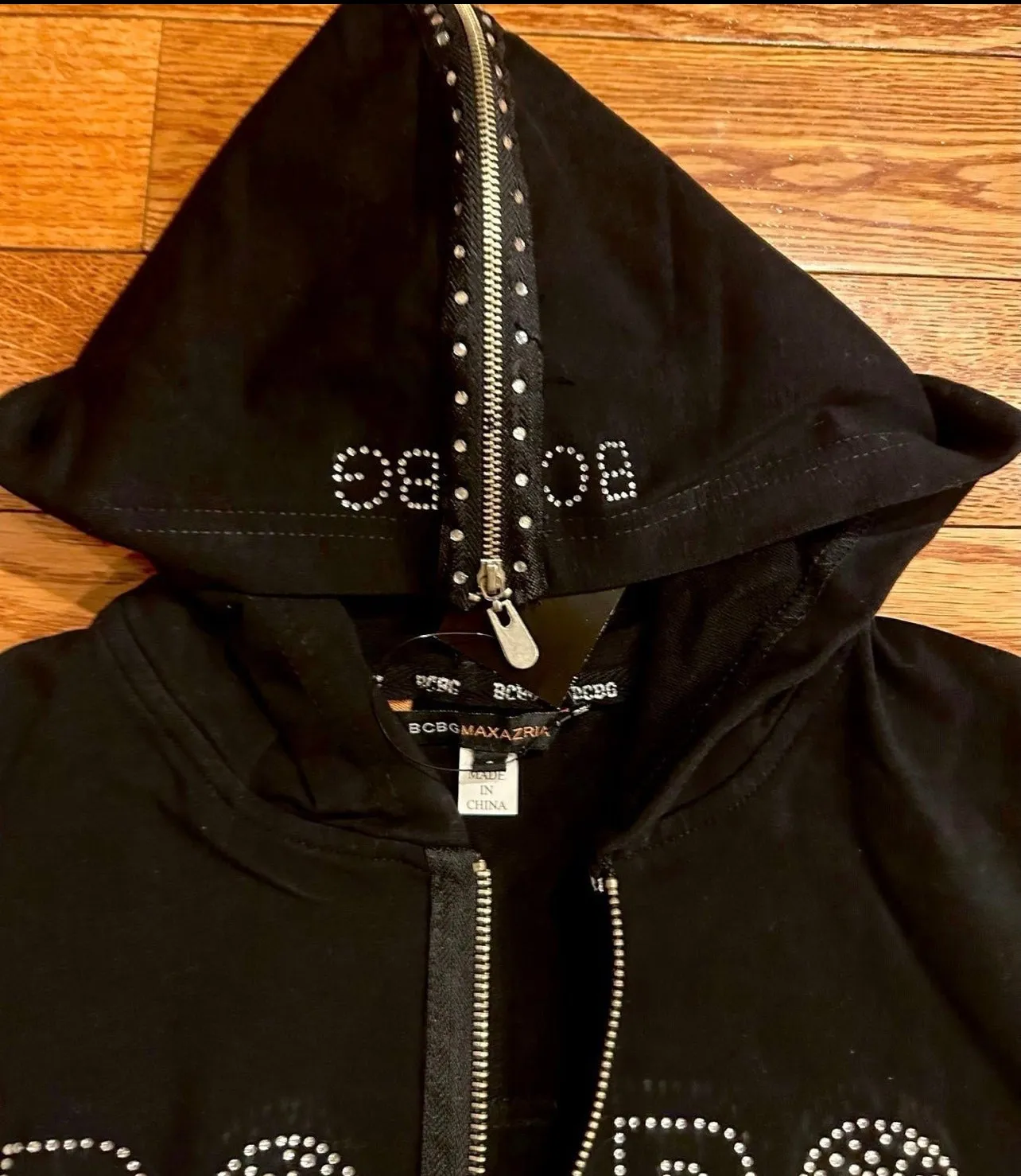 BCBG MaxAzria VTG Y2K black split Hood silver embellished rhinestone Tracksuit M Size M - Image 2