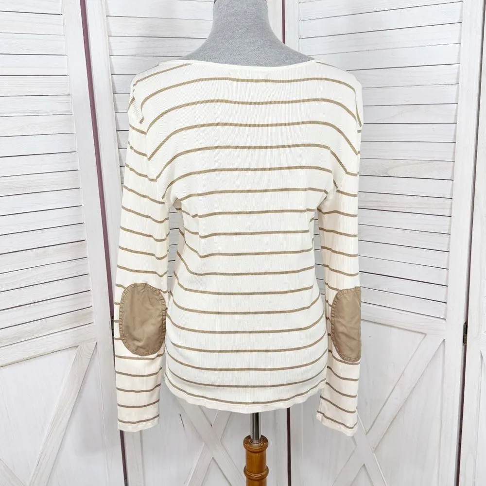 Lauren Ralph Lauren Striped Elbow Patch Ribbed‎ Knit T Shirt Cream Tan Large - Image 4