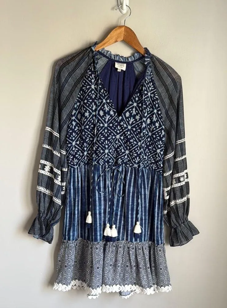 HEMANT AND NANDITA Long Sleeve Short Dress in Indigo Small Blue - Image 2