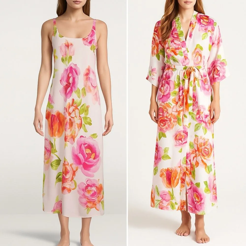 Natori South Pacific Floral Robe & Slip Nightgown Set Pink Orange Ivory Size S M - Image 3