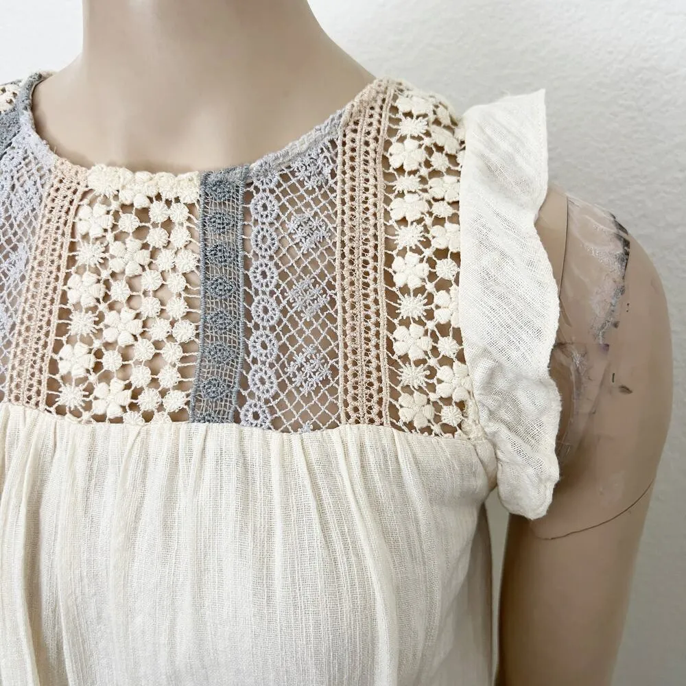 [Anthropologie] Eri + Ali Beige Crochet Flutter Sleeve Flowy Shift Dress Sz XXS - Image 8