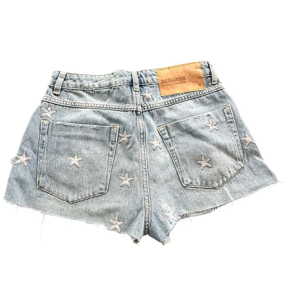 NWT One Teaspoon 27 Denim Shorts Mid Waist Bandits Pacific Star embroidered - Image 3