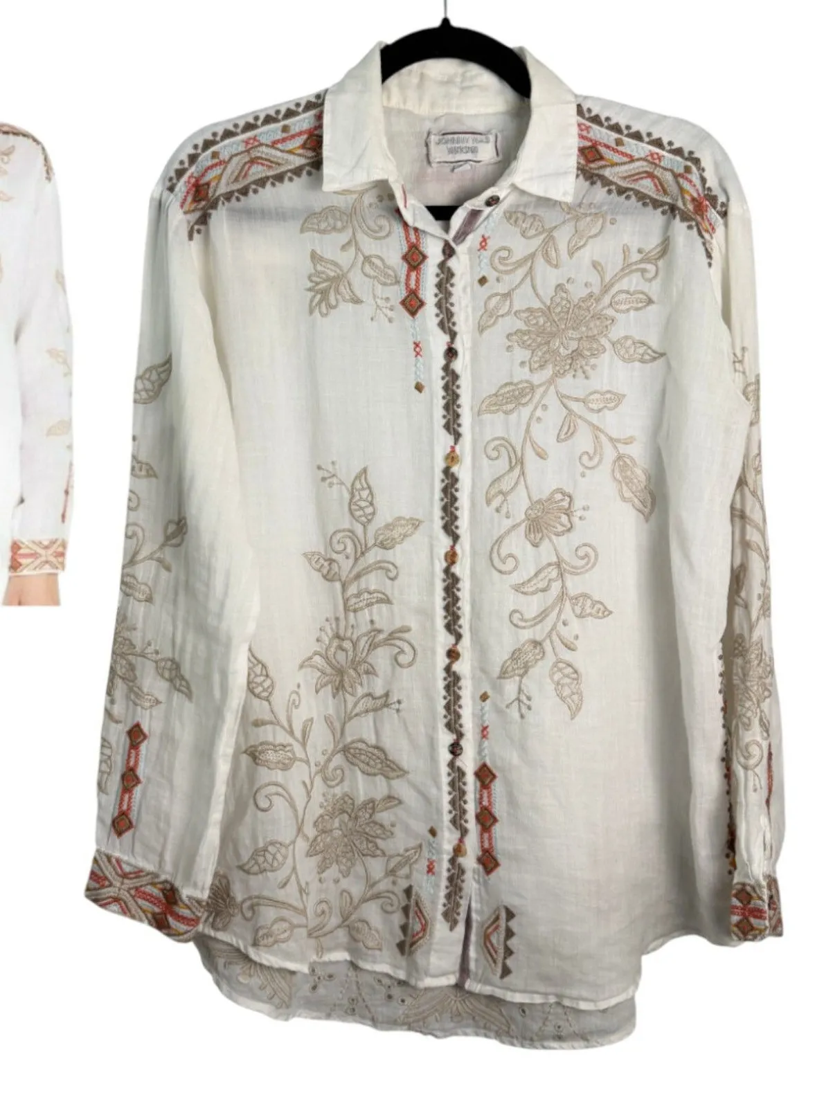 Johnny Was Workshop Chai Oversized Shirt White Embroidered Button Blouse Size XS - Image 1