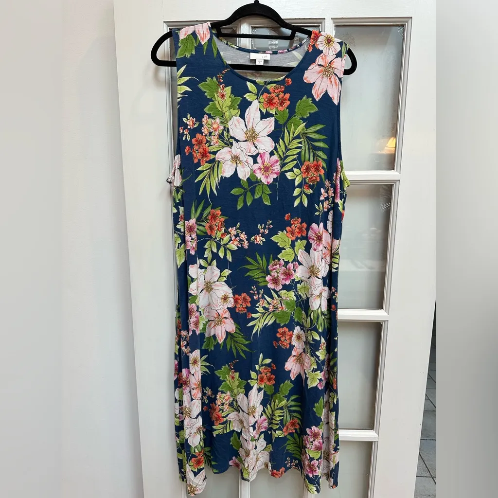 J. Jill Blue Tropical Floral Soft Stretch Jersey Preppy Maxi Dress Size XL Tall - Image 9