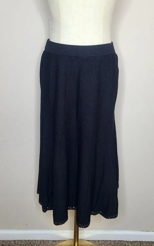 St John Evening Santana Knit Black Fit And Flare Sequin Hem Women's Skirt Size 4 - Image 2