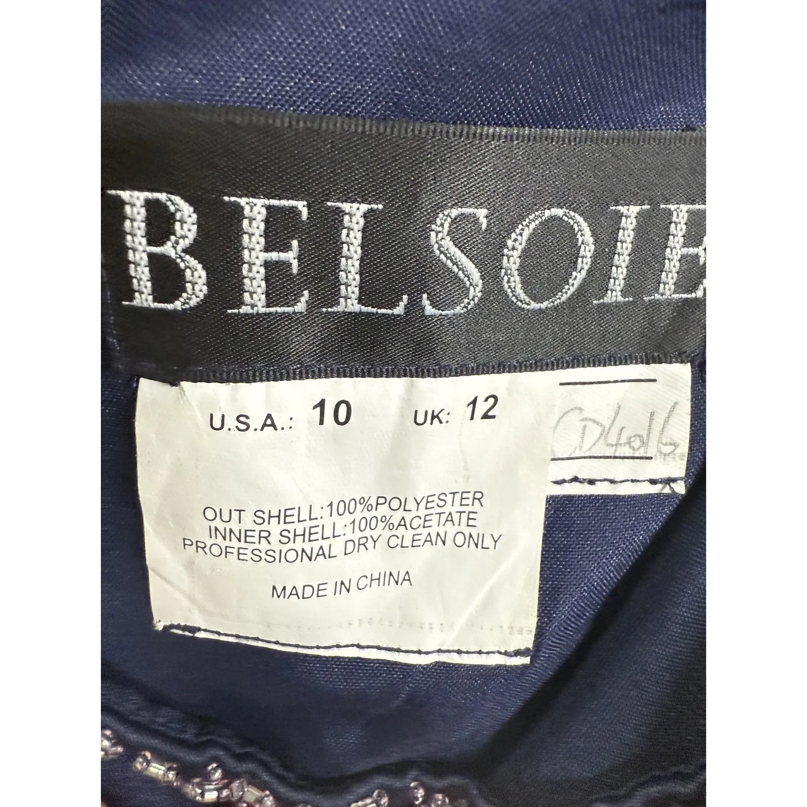 Belsoie Dress Womens 10 Navy Beaded Spaghetti Strap Formal Gown Satin Evening Blue - Image 7