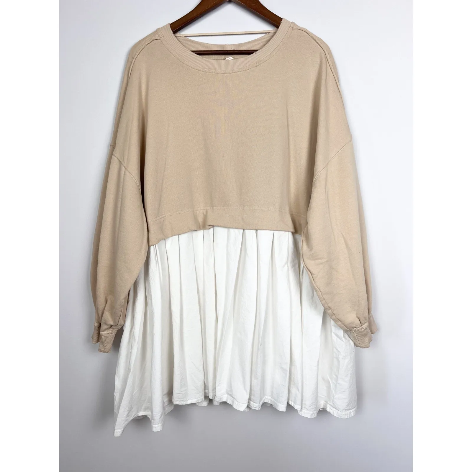 Free People Sweatshirt Dress Top L Cream White Pleated Skirt Layered Oversized - Image 2