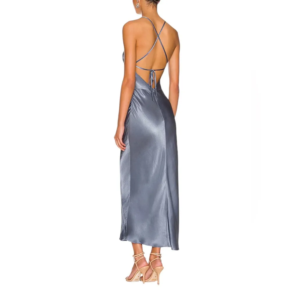 Shona Joy NEW La Lune Asymmetrical Bias Cowl Midi Dress in Blue Smoke - Image 2