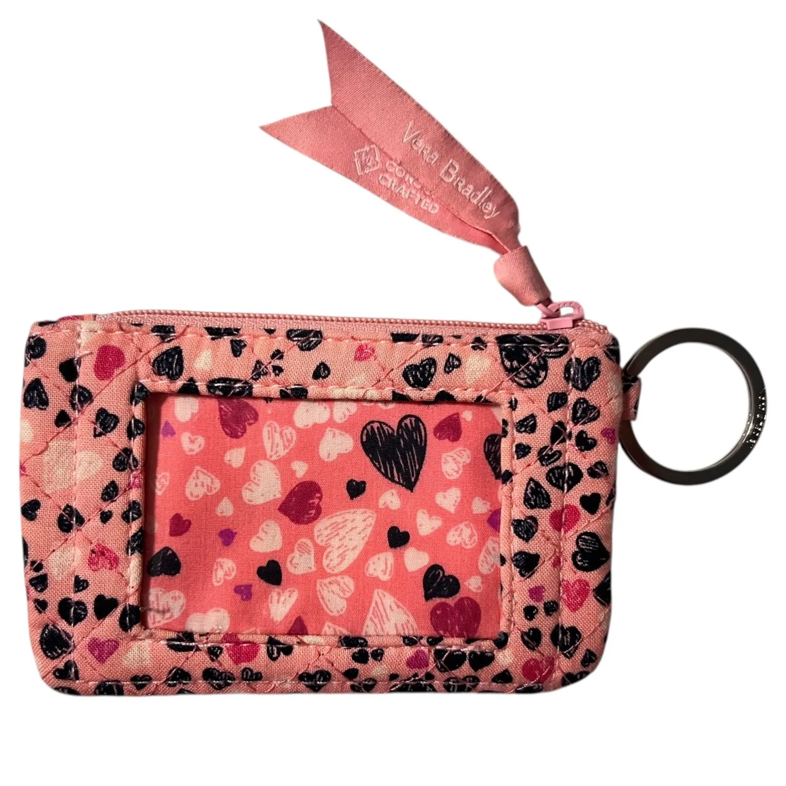 Vera Bradley Zip ID Case Wallet Pink Hearts Print Quilted Cotton Key Ring - Image 3
