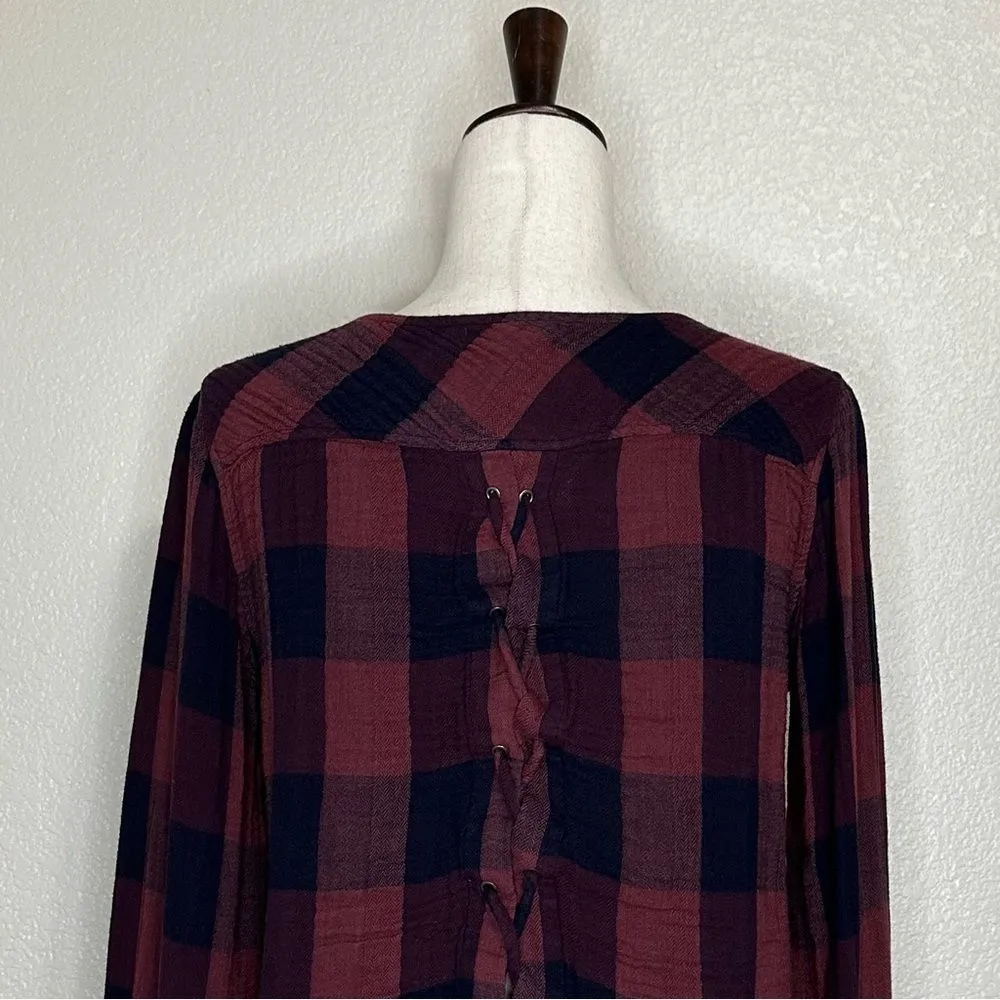 Anthropologie Cloth & Stone Gauze Plaid Lace Back Blouse Top, Sz Small - Image 8