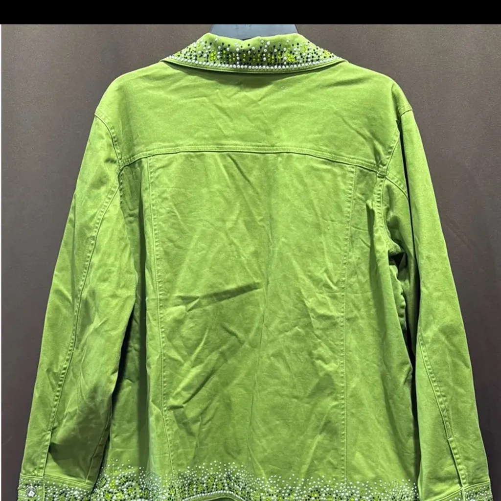 Quacker Factory Green Embellished Jean Jacket, Size 1X - Image 3