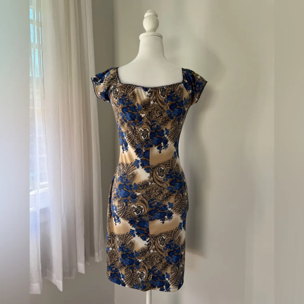 Vintage Y2K Venus USA Blue & Brown Floral Print Cap Sleeve Bodycon Mini Dress - Image 6