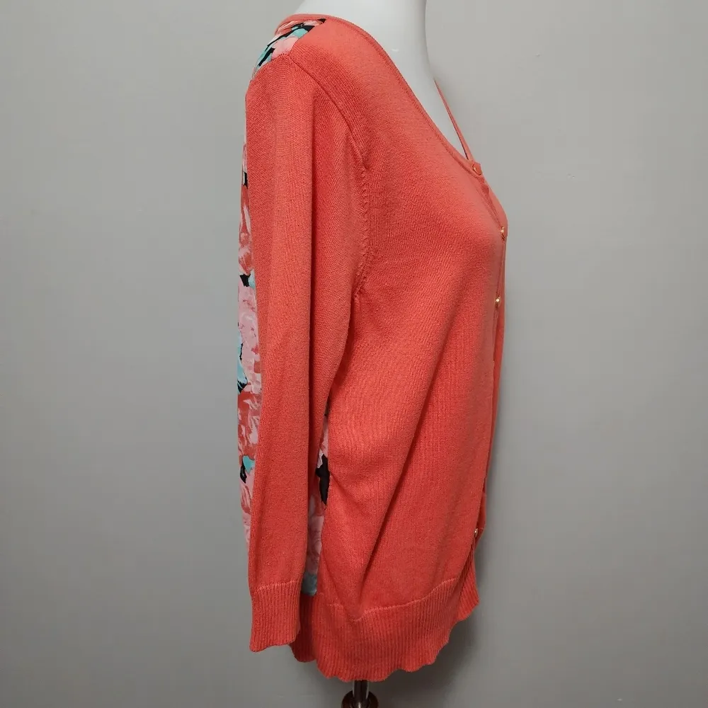 Ab Studio coral mixed media floral cardigan size xl - Image 2