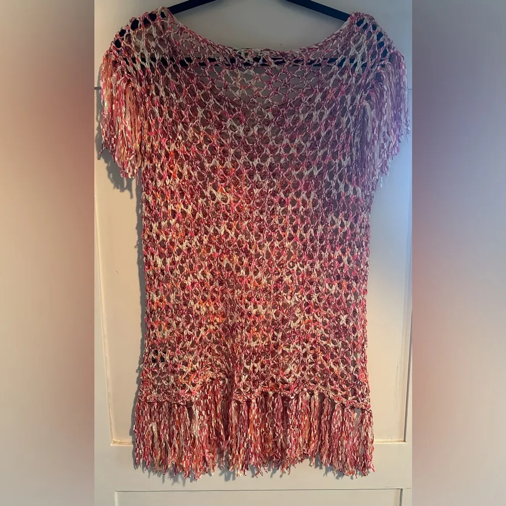 BCBG Max Azria Women's Crocheted Blouse. Pink Orange, Fringe size L - Image 3
