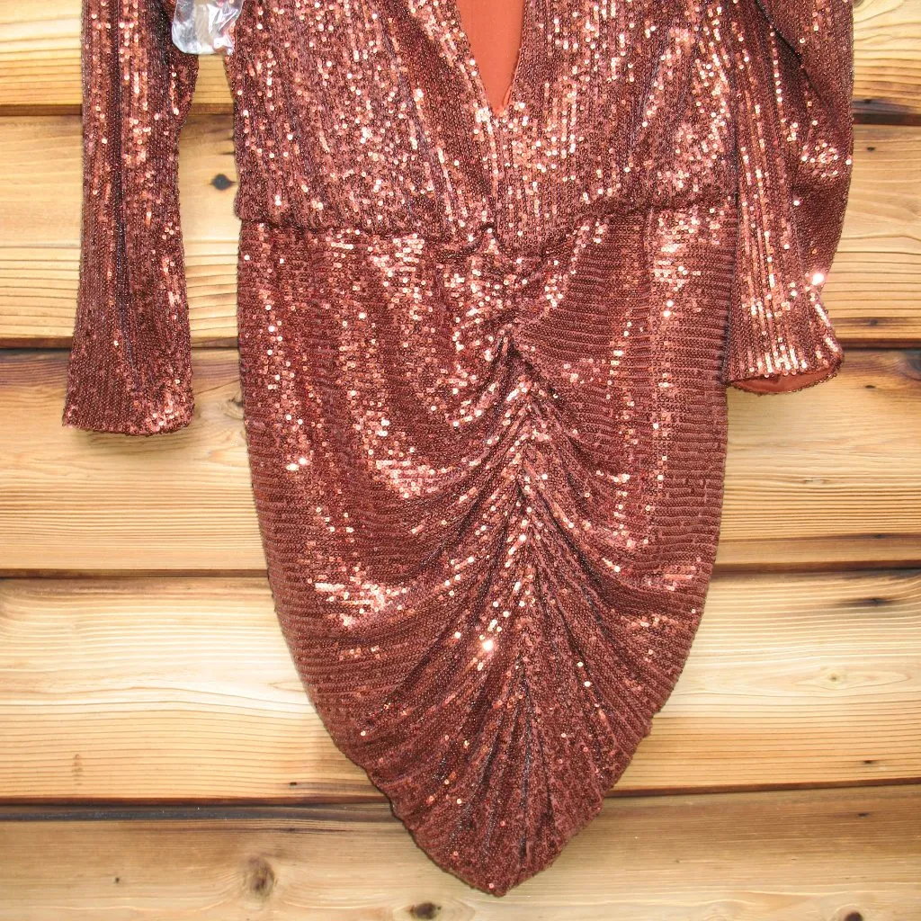 Retrofete Size L Sequin Long Sleeve Mini Dress Brown Size L - Image 10