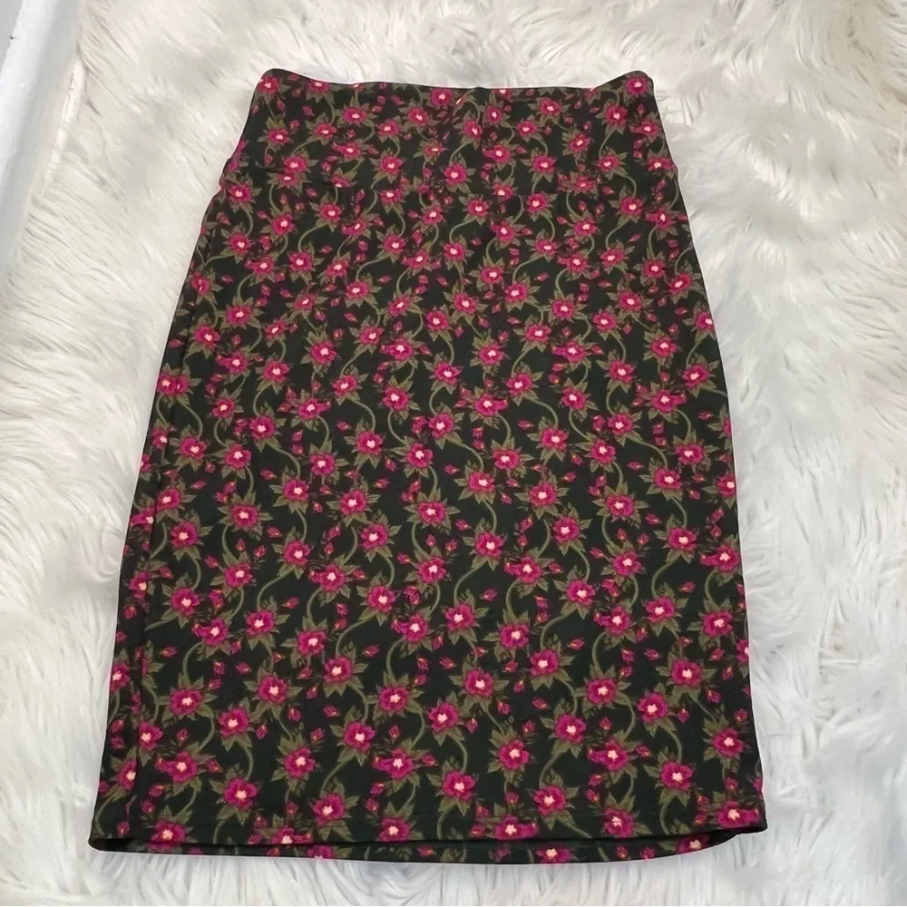 Lularoe Cassie Pencil Skirt Green Pink Floral - Image 3