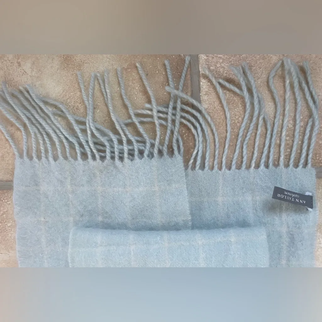 Ann Taylor 100% cashmere light blue/yellow plaid winter scarf, fringe, tassel - Image 2