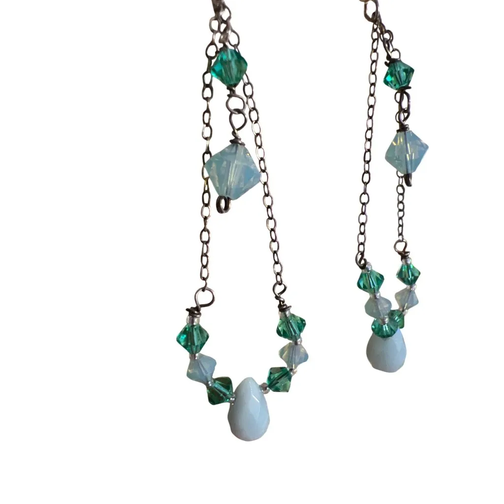 Vintage Sterling Silver Dangle Earrings Glass Faceted Beads Hooks Estate 3" Green - Image 2