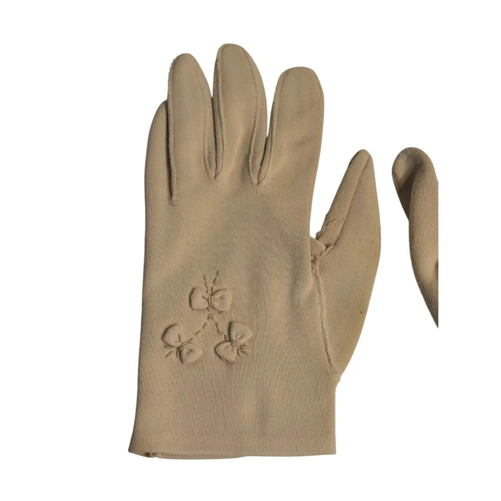 VTG 60s Cappuccino Coffee Nylon Wrist Gloves Embroidered Ribbon Bow Detail Women - Image 2