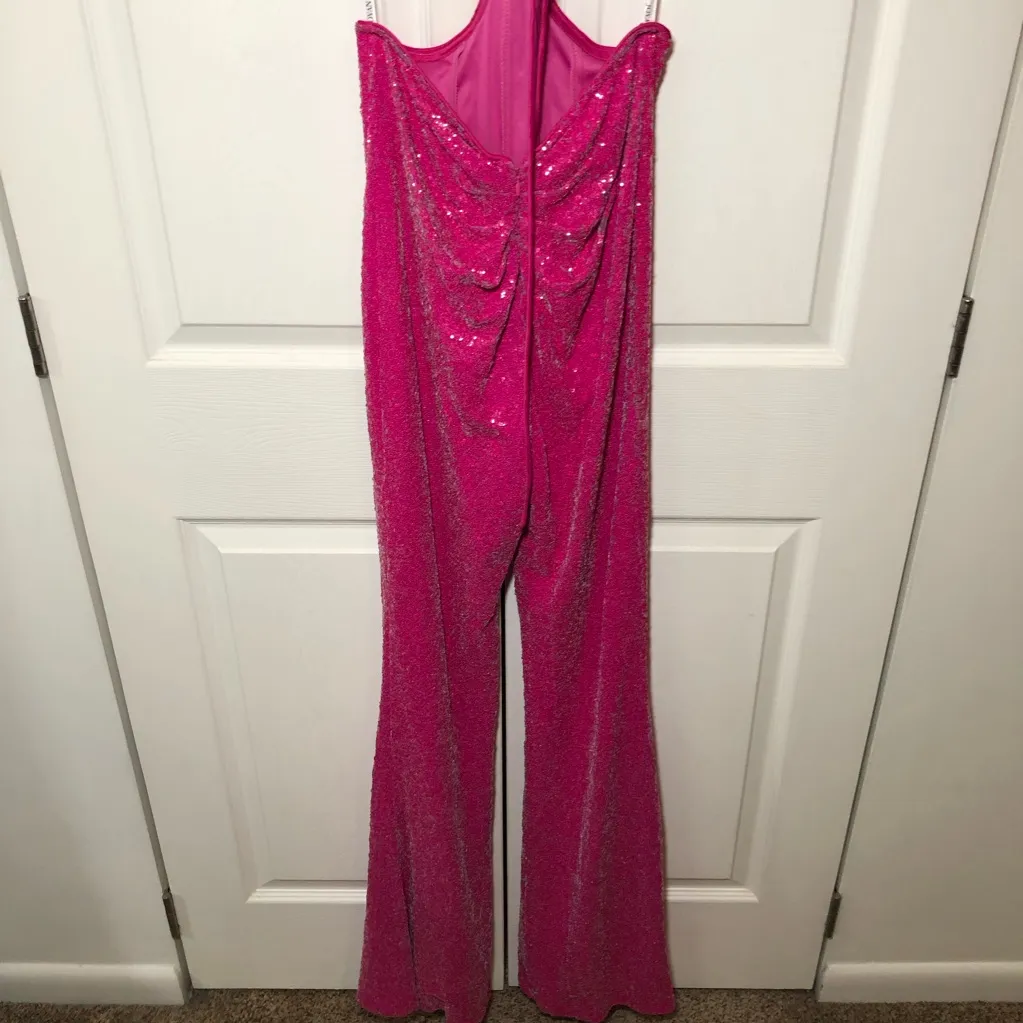 NWT Jovani Hot Pink Sequin Embellished Sexy Cut Out Jumpsuit Size 8 - Image 10