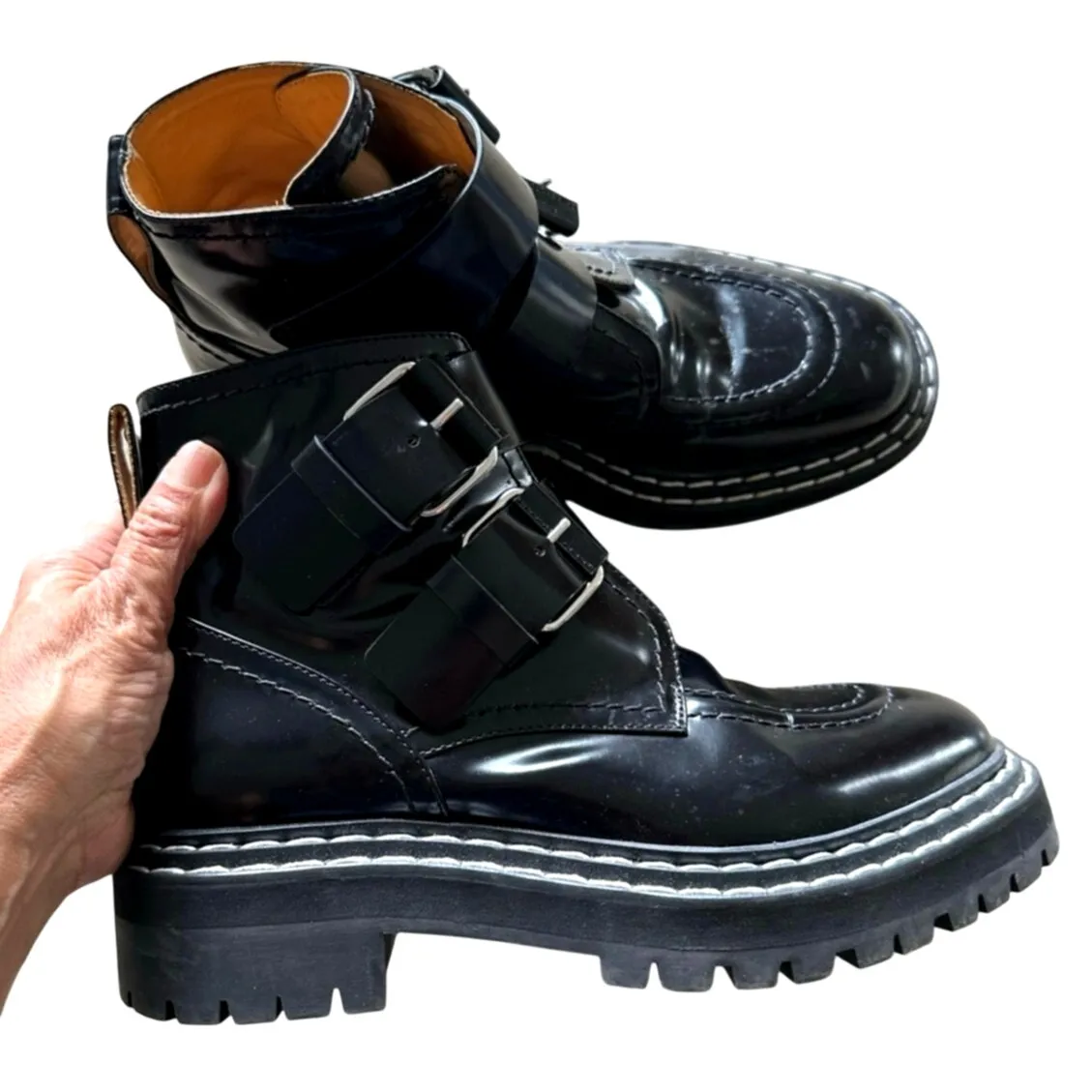 Proenza Schouler Women's lug sole biker patent Leather buckle Boots Size 38.5 - Image 4