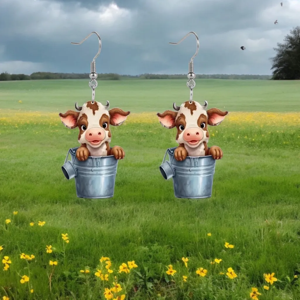 Cute Cow Bucket Design Acrylic Dangle‎ Earrings Cartoon Y2K Style Adorable - Image 2