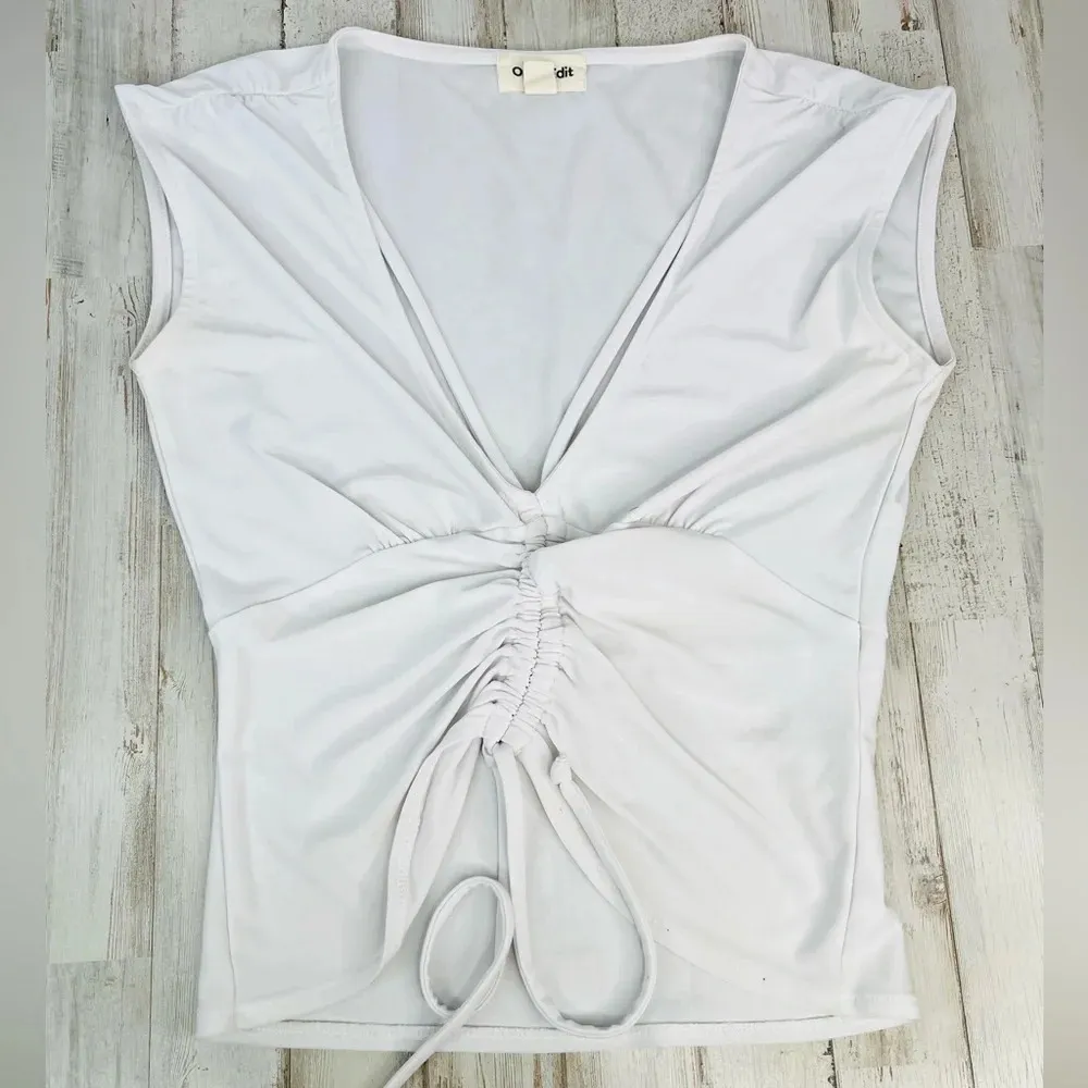 Open Edit Women's White V-Neck Blouse Ruched Tie Front Casual Size XXS - Image 2
