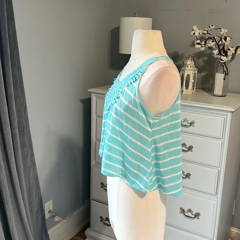 Crop Top Crochet Lace Knit Flowy Striped Aquamarine Womens Small - Image 5