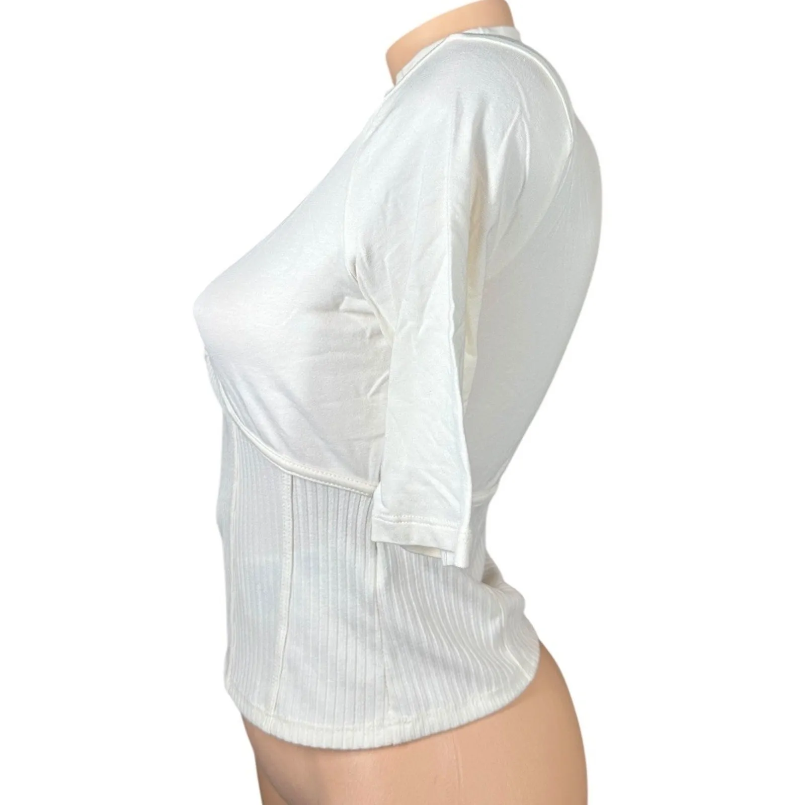 Guess Sz Small Half Sleeve High Neck Crop Top Womens Knit Ivory Ribbed Panels - Image 4