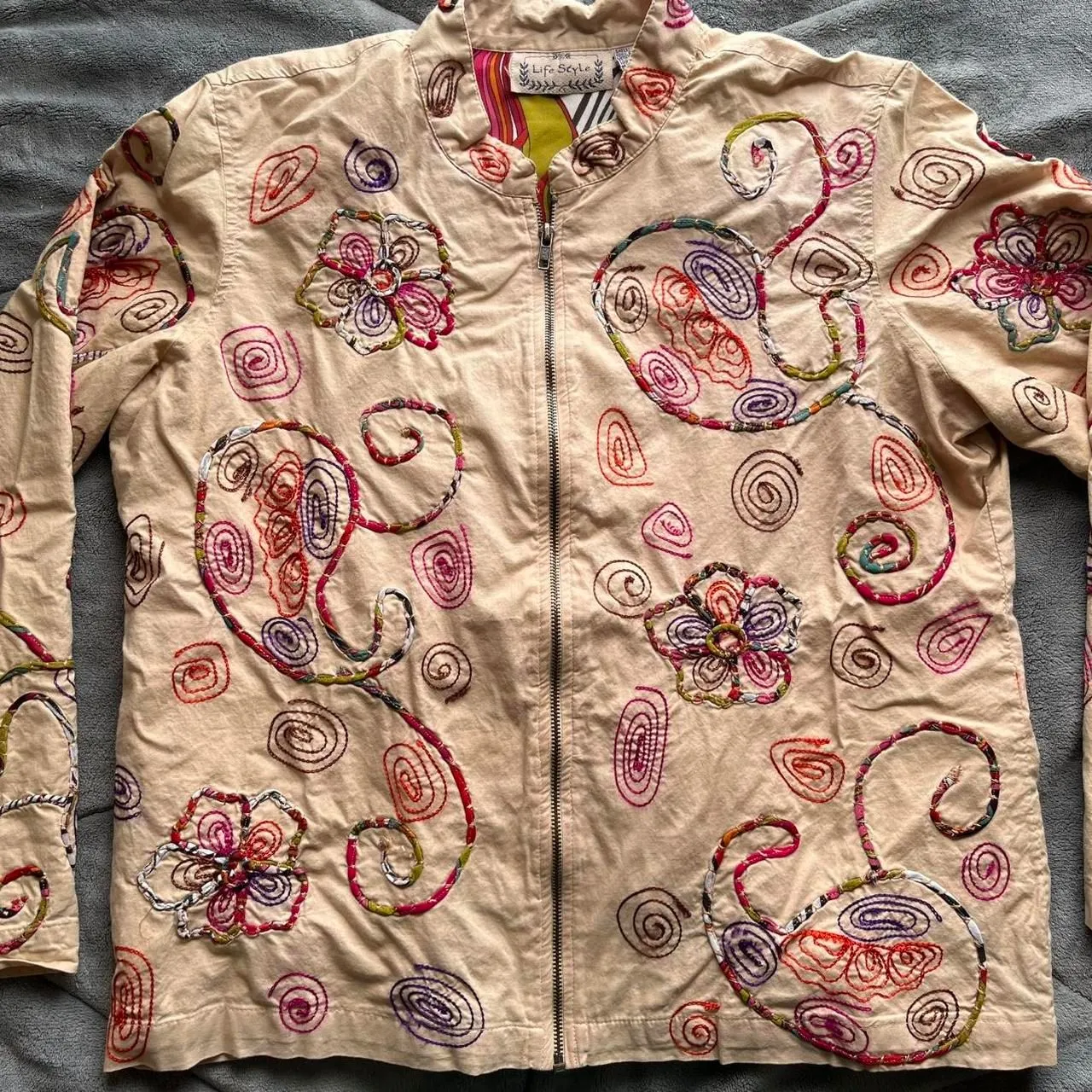 Vintage Y2K tan lightweight jacket with multicolor embroidery - Image 2