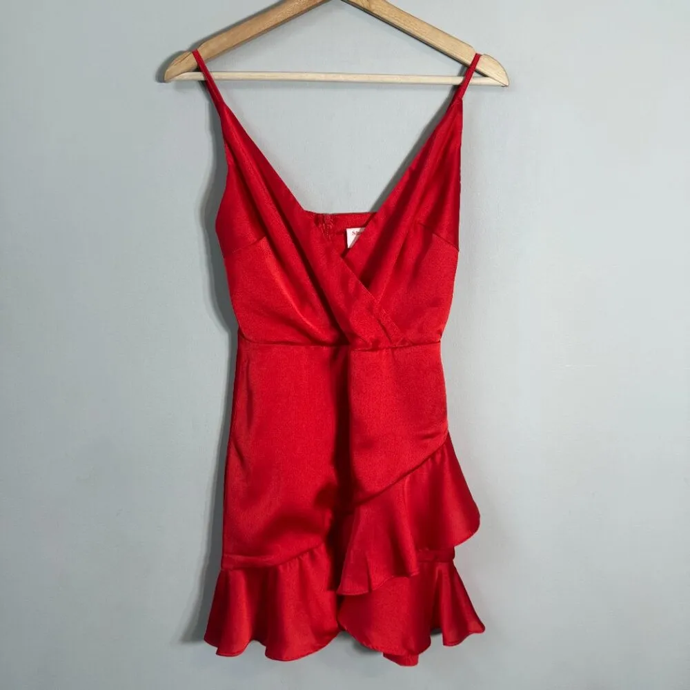 Showpo Cloud Cover Faux Wrap Ruffle Mini Dress Womens 2 Red Cocktail Party Girly - Image 7