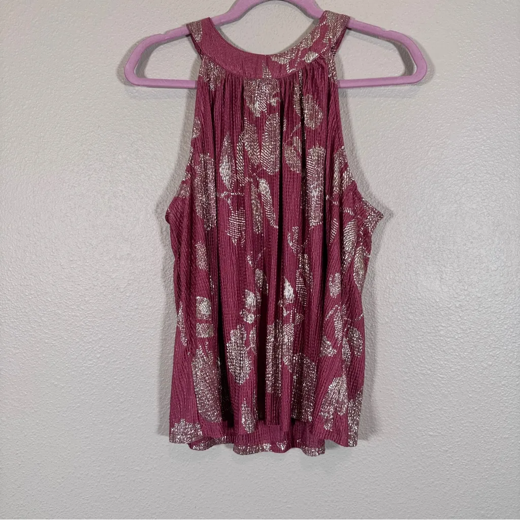 Anthropologie Feather Bone Pink Gold Metallic Print Halter Blouse Womens L Tank - Image 12