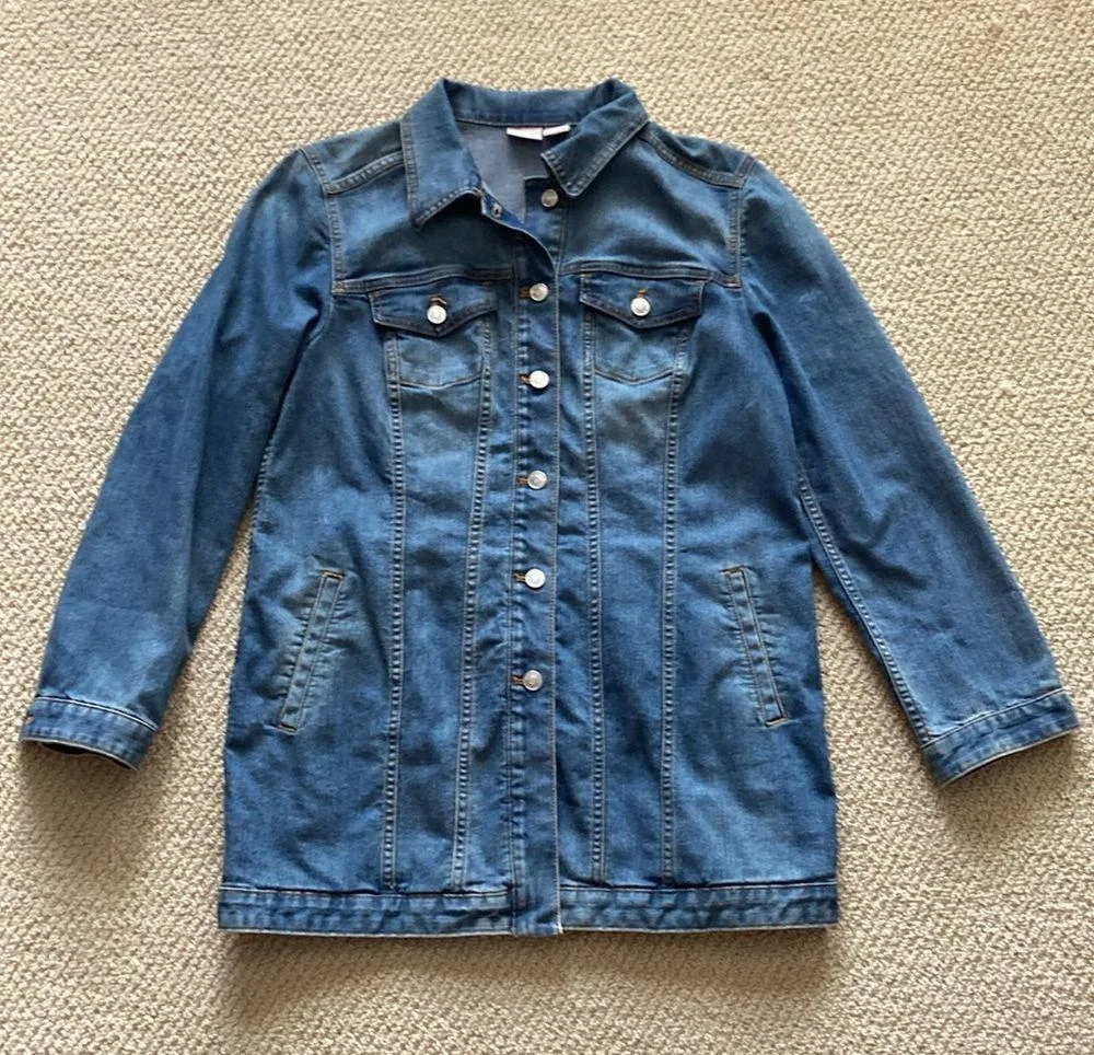 Chico’s Long Denim Jean Jacket Size 8/10 1 Medium Wash Tailored Fit Like New - Image 2