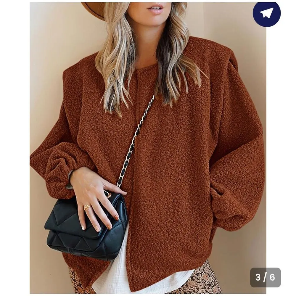 NEW Tan Sherpa Fleece Jacket Faux Wool Embedded Lantern Sleeve Pockets M - Image 5