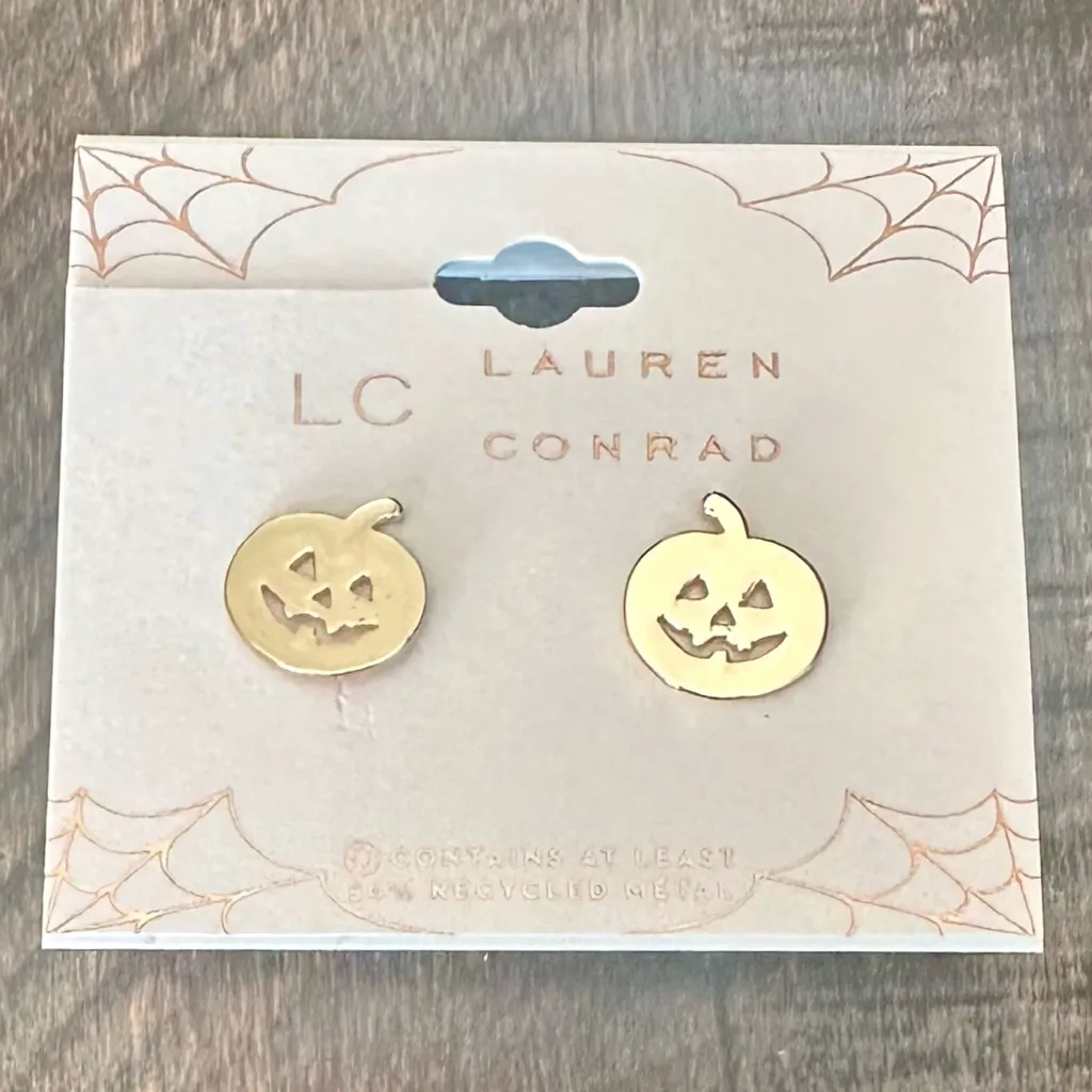 New LC Lauren Conrad Pumpkin Nickel Free Button Earrings Gold Tone with Tag - Image 2