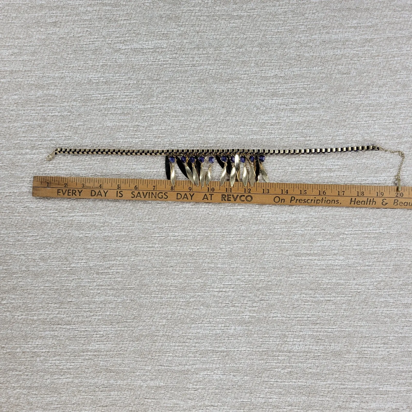 Kenneth Cole Gold Tone Blue Gem Statement Necklace Dangling Leaf Shaped Chain - Image 11