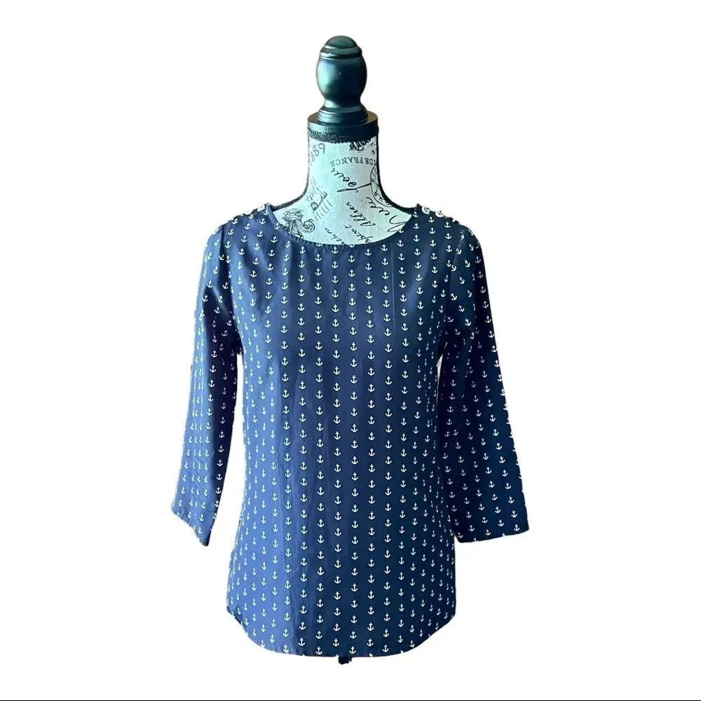 J.Crew Blue Anchor Print Blouse XXS | Nautical Coastal Preppy 3/4 Sleeve Top - Image 2